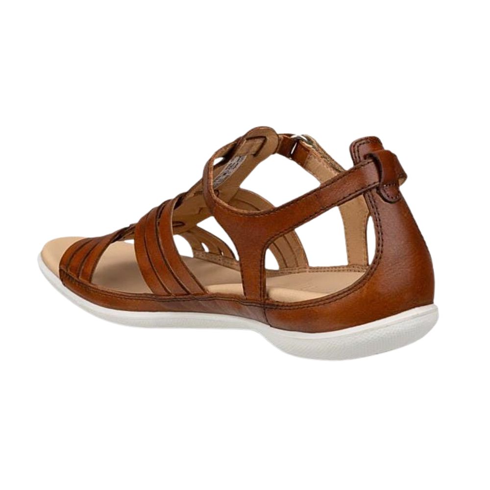 A brown leather strappy sandal with an adjustable ankle strap and a white sole, shown from a side-rear angle on a white background.