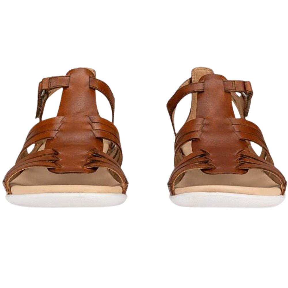 A pair of brown leather strappy sandals with a white sole, shown from a front-facing perspective on a plain white background.