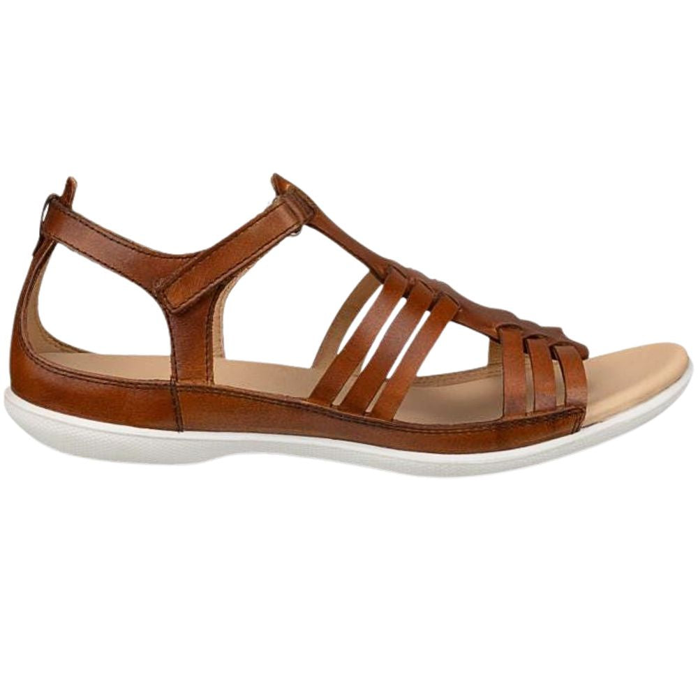 A brown leather strappy sandal with an adjustable ankle strap and a white sole, shown in a side profile view against a white background.