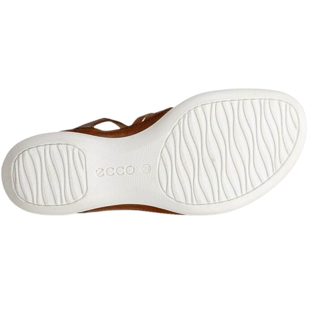 The white outsole of a brown leather sandal, showing the embossed 'ecco' brand name and a wavy tread pattern, on a plain white background.