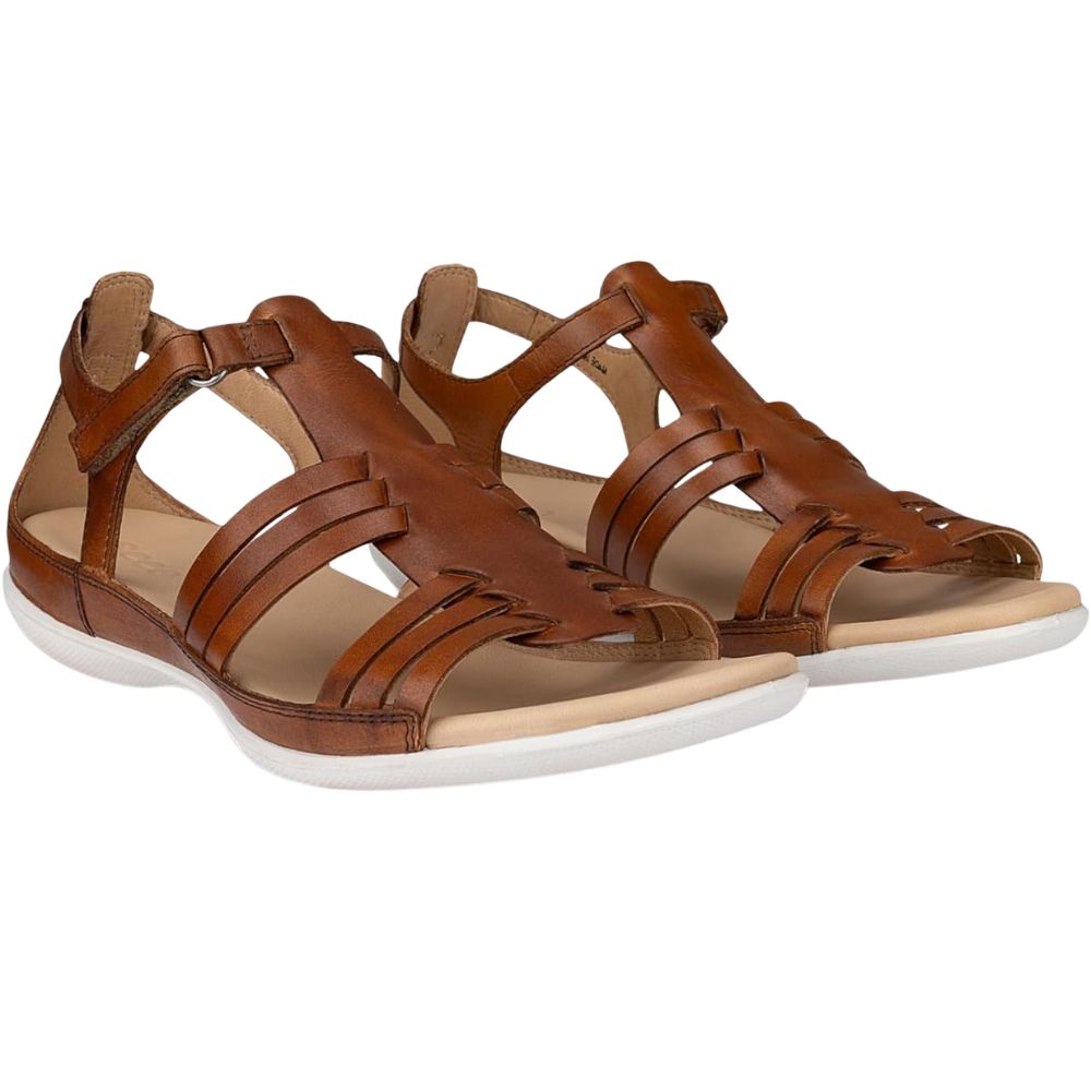 A pair of women's brown leather strappy sandals with a white sole, shown from a three-quarters angle on a plain white background.