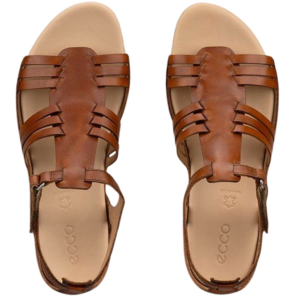 A pair of brown leather strappy sandals with an adjustable ankle strap, shown from a top-down view on a white background.