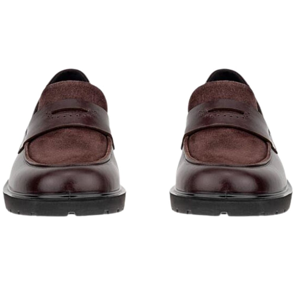 Pair of brown loafers on a white background
