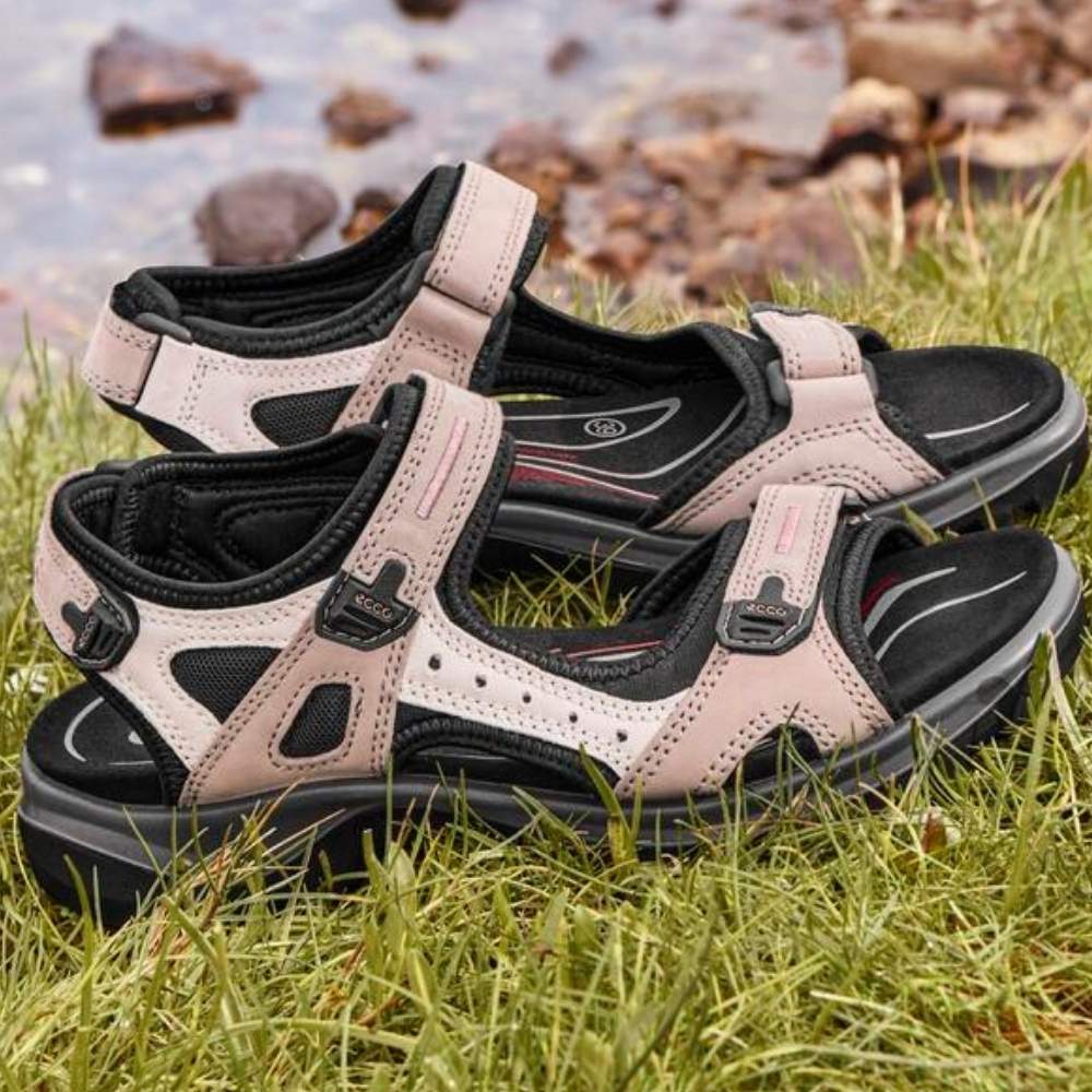 A pair of ecco outdoor sandals in light beige and black, resting on green grass with rocks and shallow water in the blurred background.