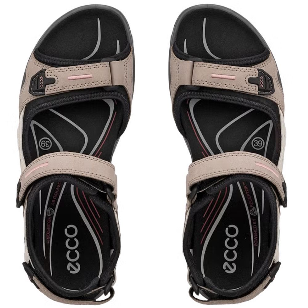 A pair of ECCO offroad sandals shown from a top-down view, featuring a beige and black design with light pink accents on the straps and white branding on the footbed.