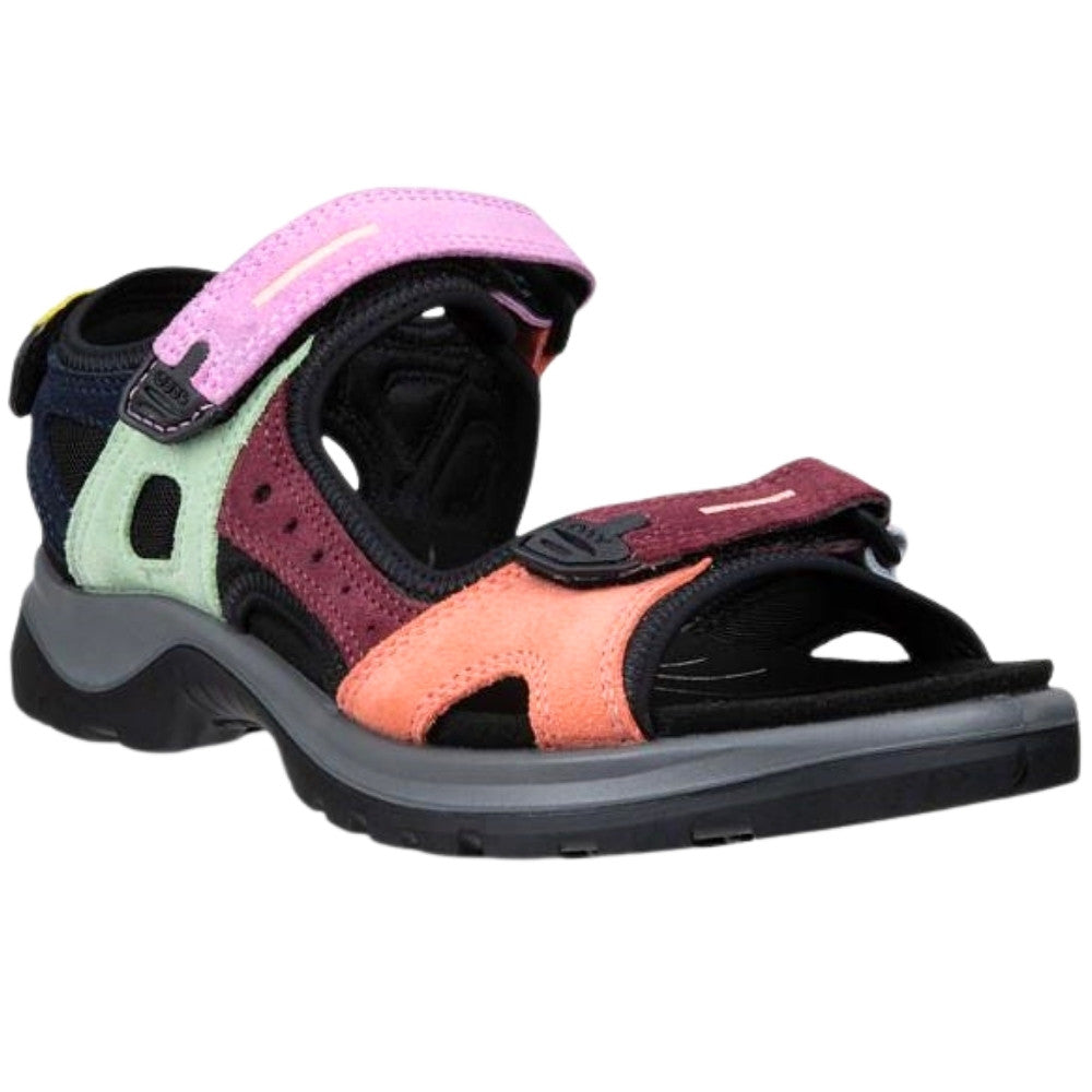 A multicolor offroad sandal with two Velcro straps on a black sole, set against a plain white background.