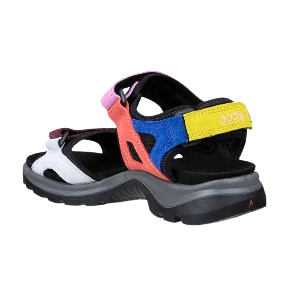 A multicolor Ecco offroad sandal with a black sole, featuring color-blocked straps in pink, coral, blue, and yellow, and white accents on the toe strap, shown against a plain white background.