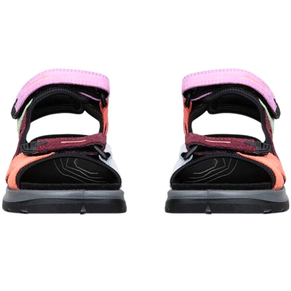 Front view of a pair of Ecco offroad sandals, featuring a black sole, black and gray footbed and multicolour straps.
