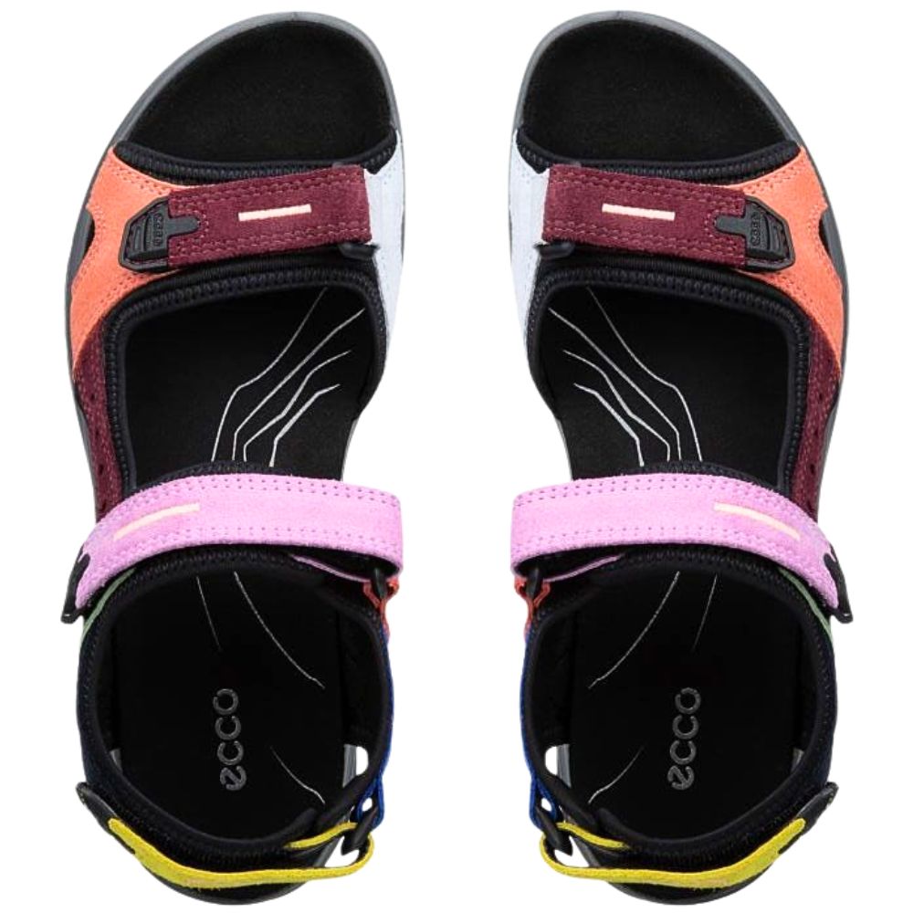 A pair of ECCO offroad sandals shown from a top-down view on a white background. The shoes feature a black footbed and heel counter and multicolour straps.