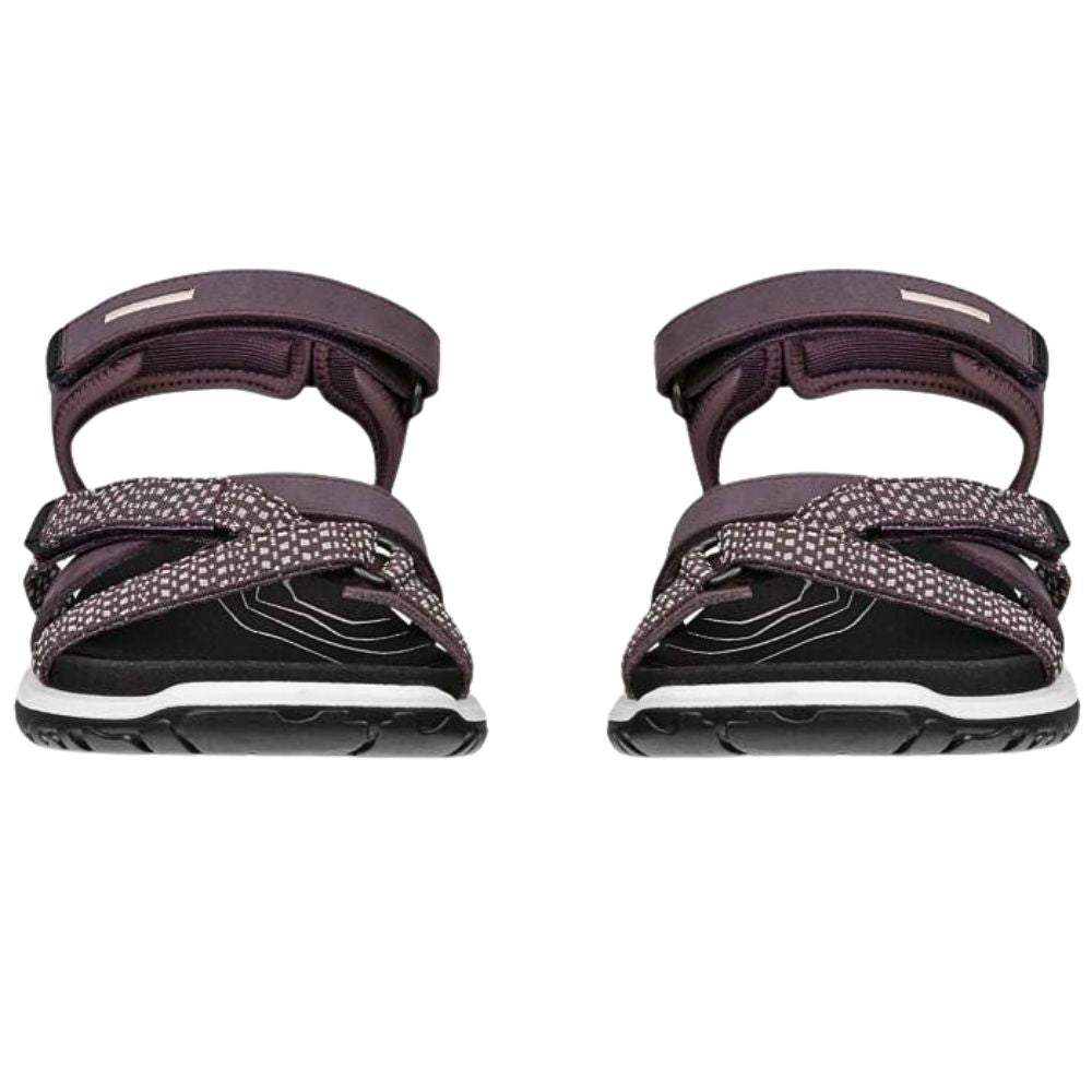 A pair of women's ECCO OFFROAD ROAM sandals in a merlot color, featuring patterned straps and a black sole, shown from the front on a white background.