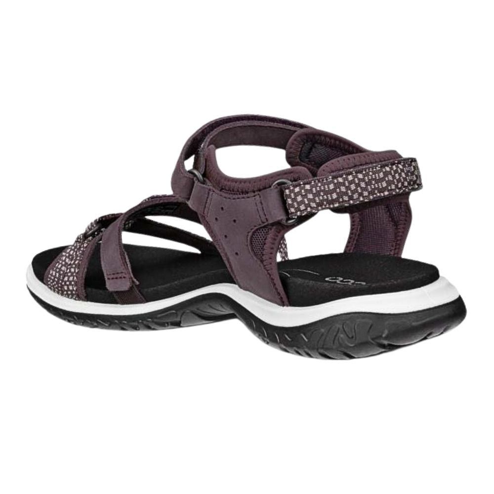 A single women's ECCO OFFROAD ROAM sandal in a merlot color, featuring patterned straps and a black sole, shown from the back on a white background.