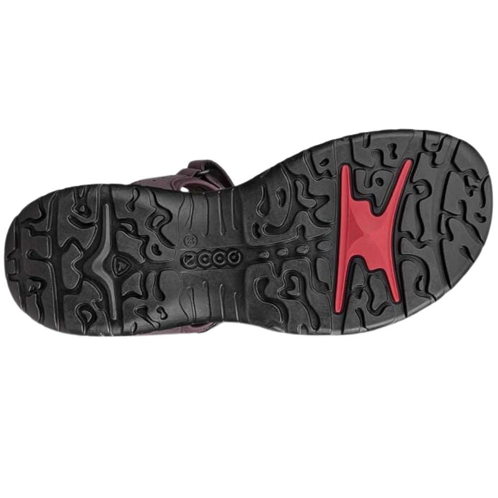 The black textured outsole of a sandal, featuring the ECCO brand name molded into the center, shown against a plain white background.
