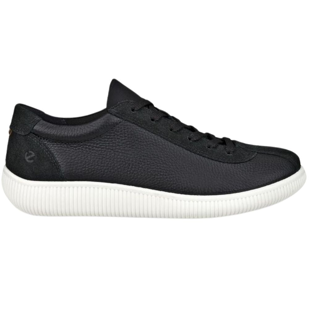 A black, full grain pebbled leather sneaker with lace-up closure and a white rubber sole.