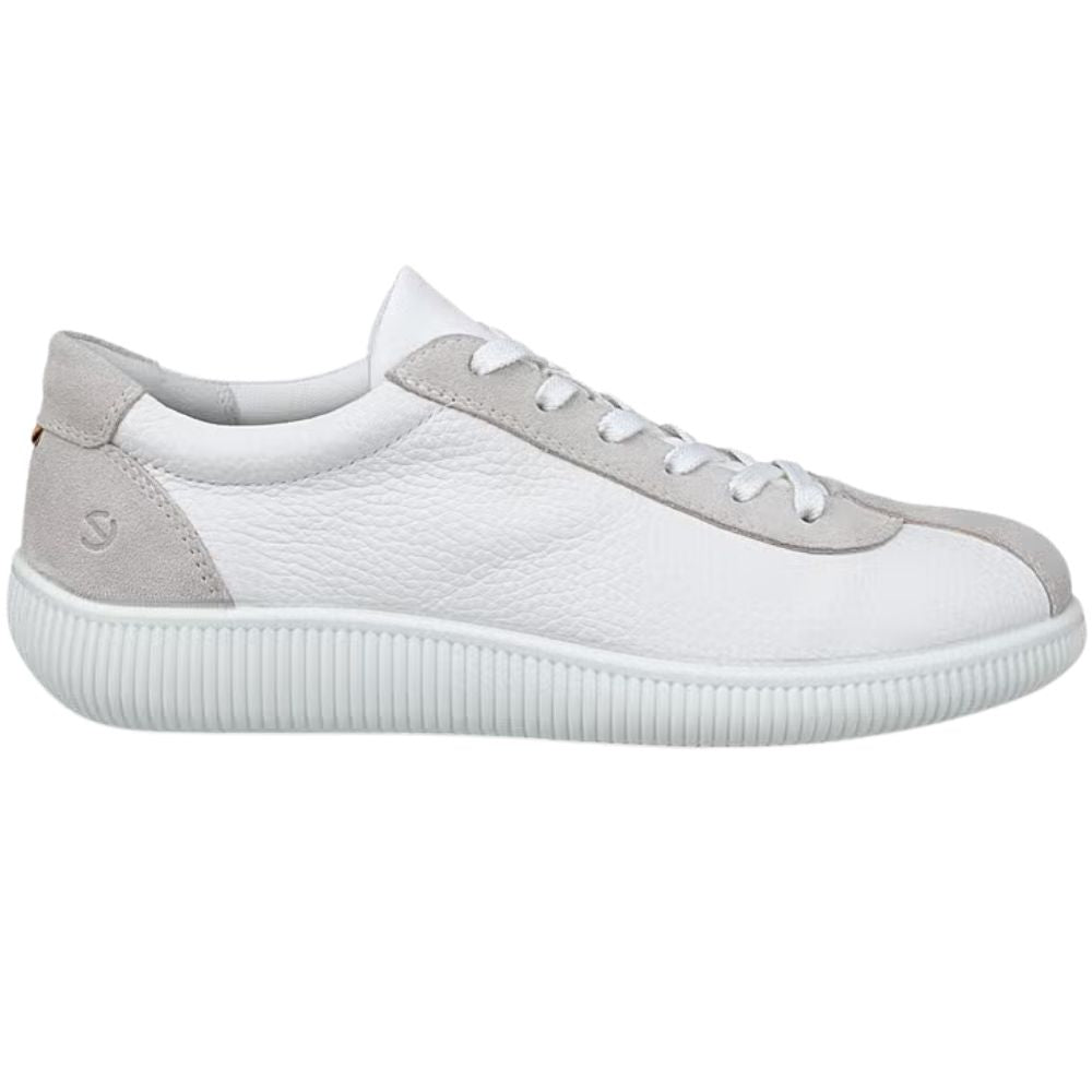 A low-top white leather sneaker with light gray suede overlays on the toe, heel, and eyestay area, featuring white laces and a ribbed white sole.