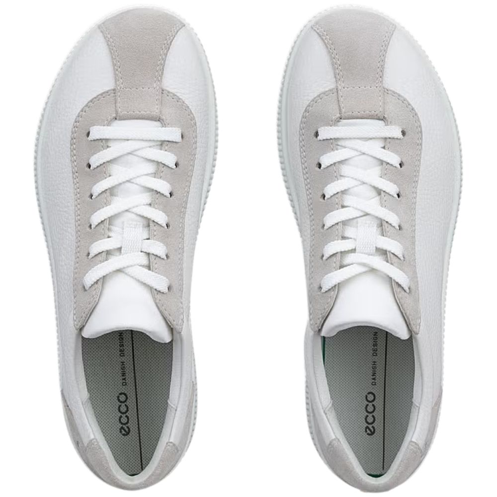 A pair of ECCO low-top sneakers shown from a top-down view, featuring white leather and light grey suede panels, white laces, and a white sole.