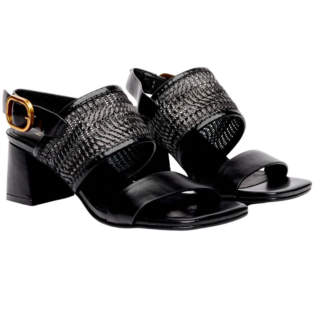 A pair of black block-heel sandals featuring a woven textured upper strap and a gold-tone buckle on the ankle strap, shown against a plain white background.