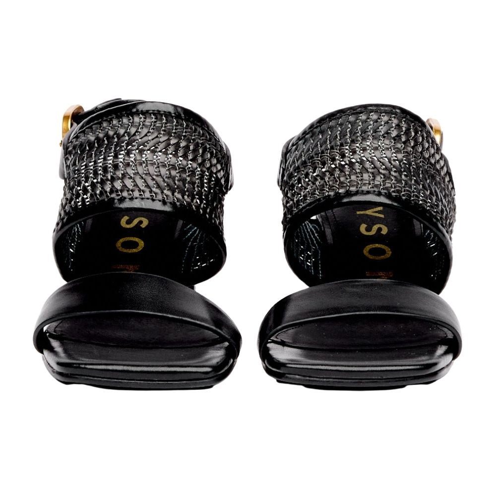 Black dress sandals with a woven upper strap, shown from the front on a white background. 