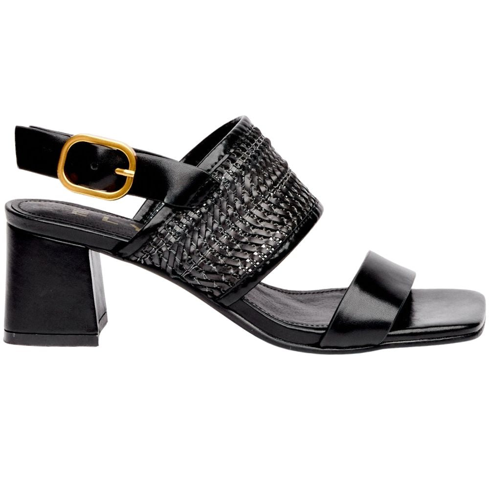 A black leather block-heel sandal with a wide woven upper strap and a gold buckle on the ankle strap, shown from a side profile on a white background.