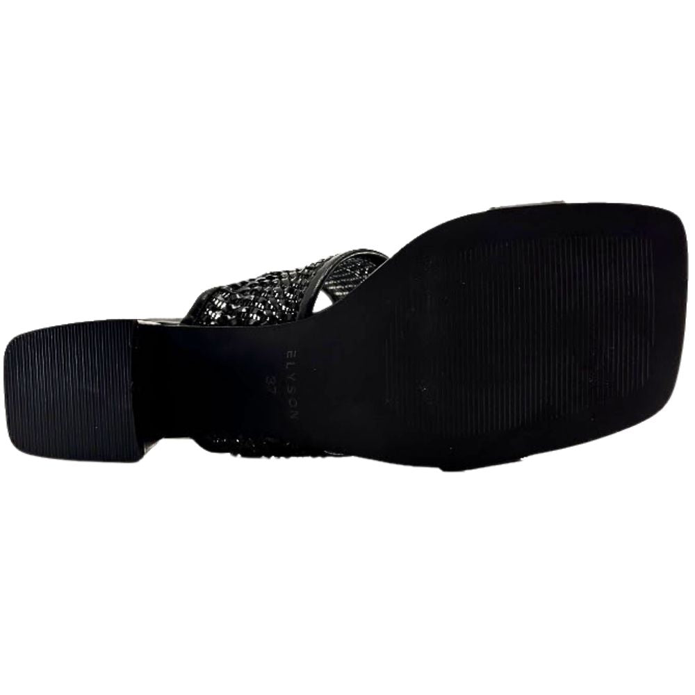Black rubber outsole of a sandal with good tread on a white background.
