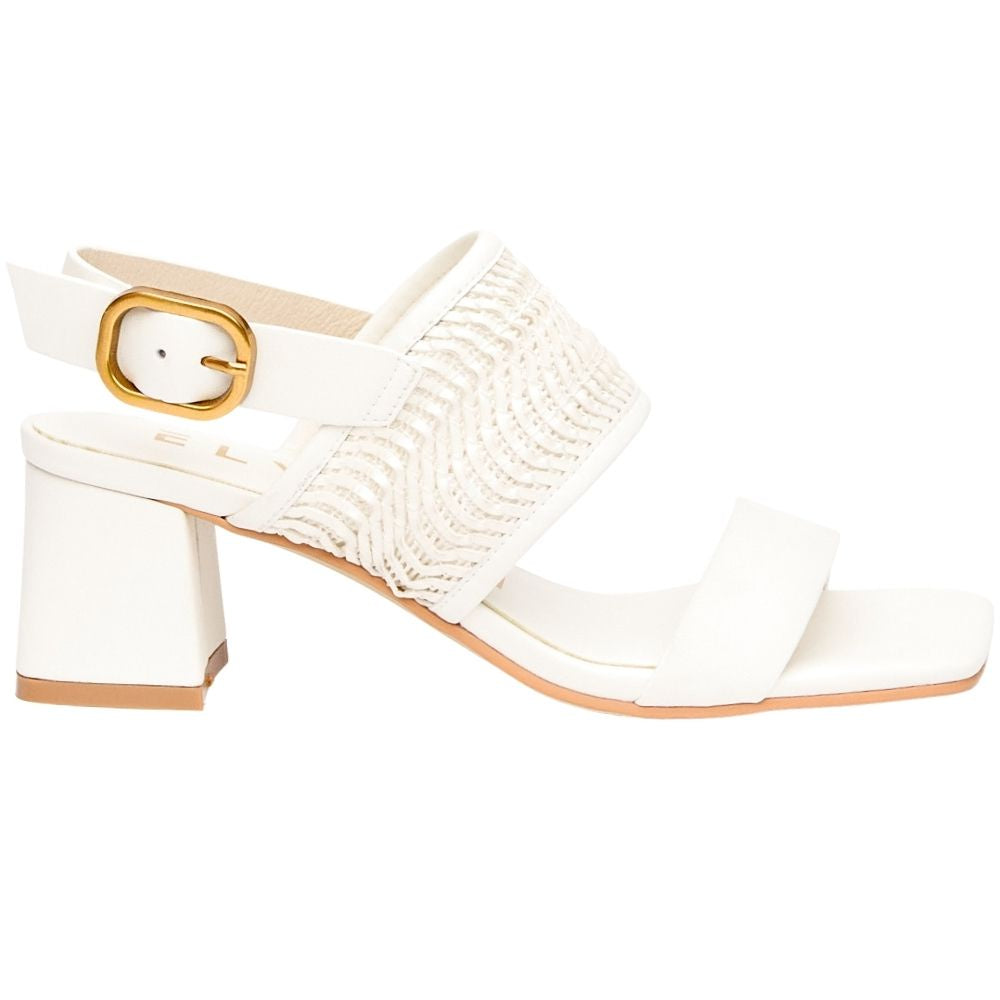A white leather block-heel sandal with a textured woven strap, a square toe, and a gold buckle on the ankle strap, shown against a plain white background.
