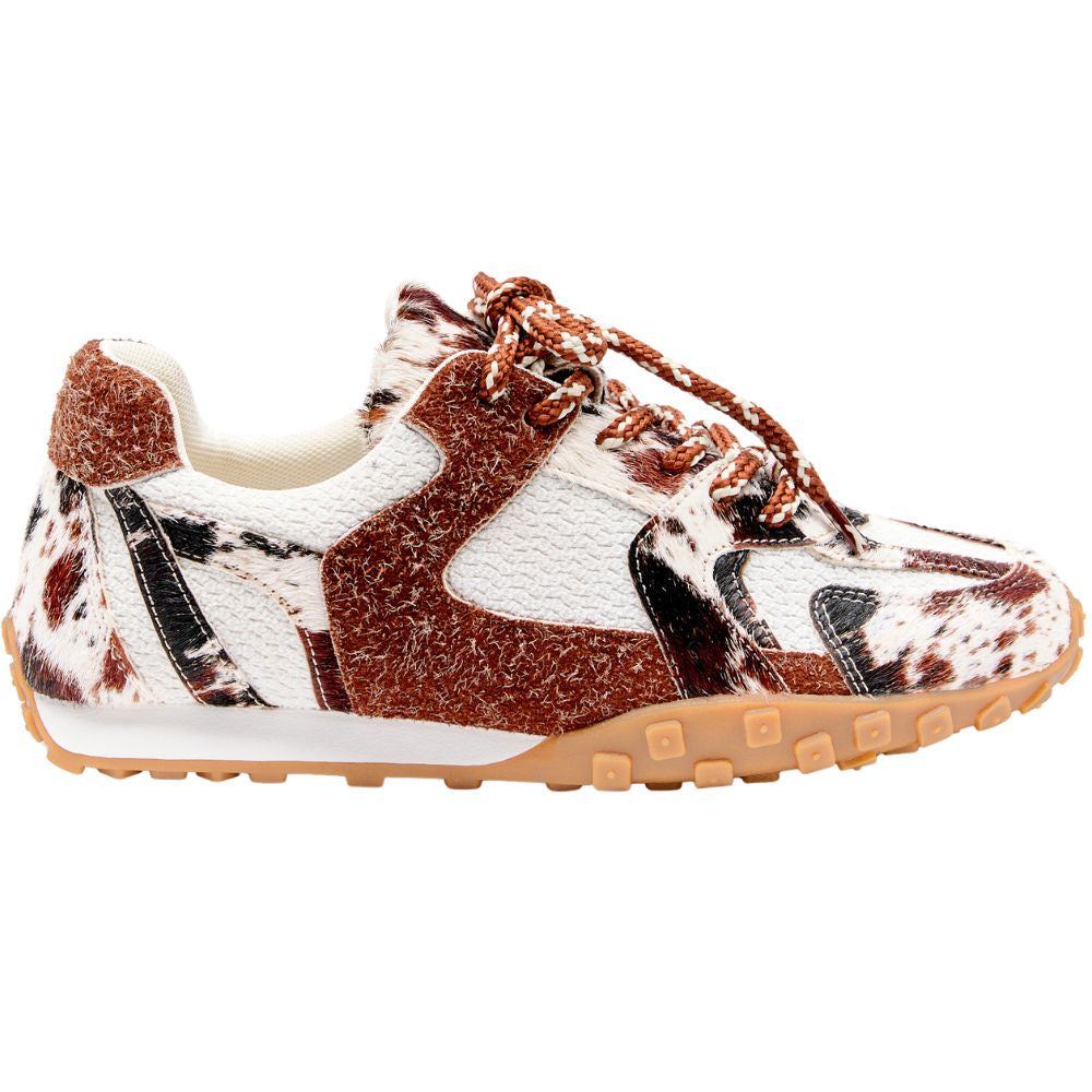 White sneaker with brown and black animal print pattern on a white background