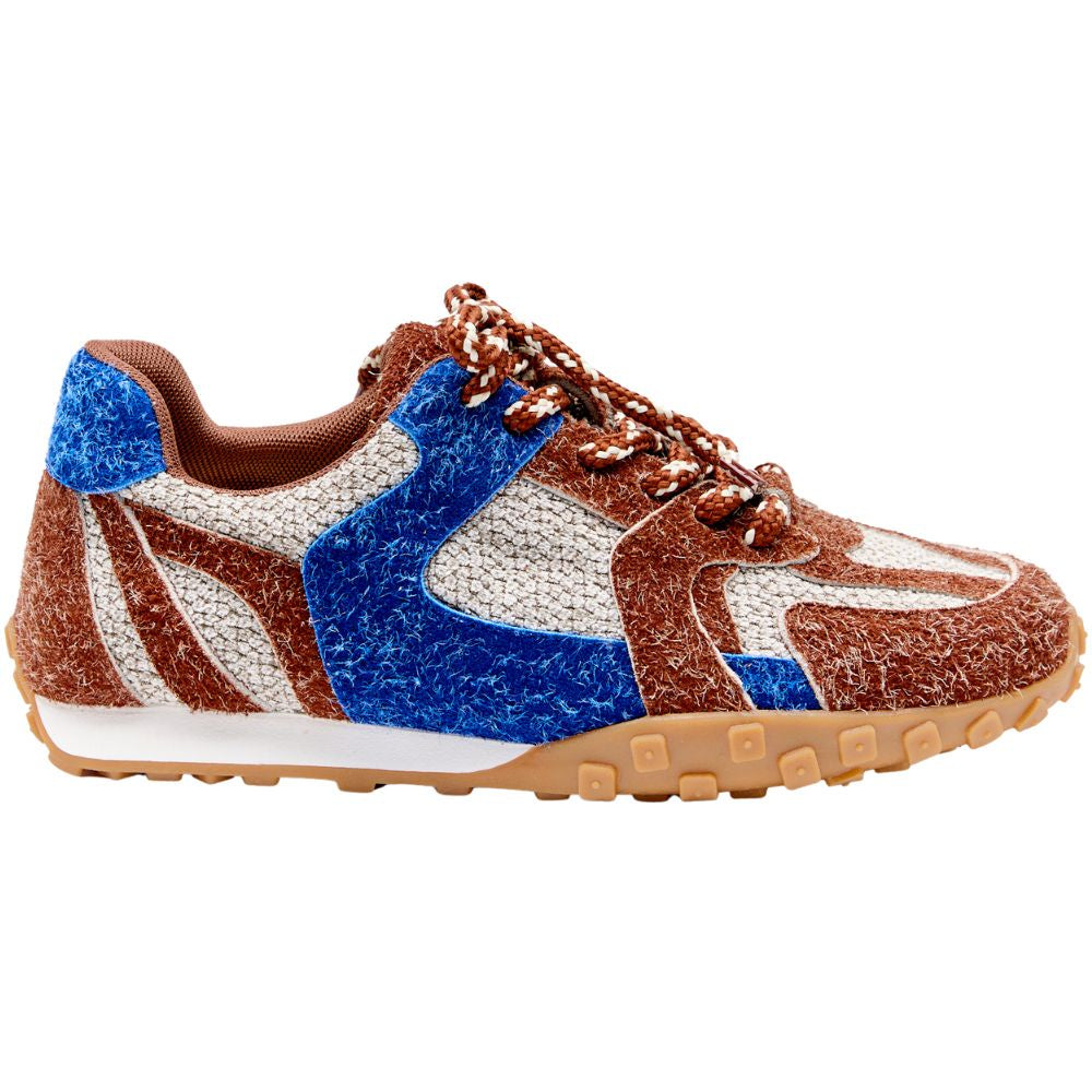 Multicolored sneaker with blue, brown, and white design on a white background