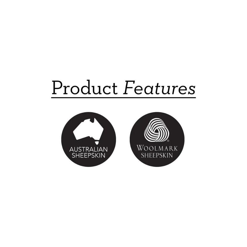 Black text with product features "Australia Sheepskin" and "Woolmark Sheepskin" on a white background.
