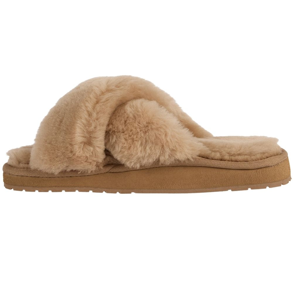 A single sheepskin slip-on slipper with a tan sole, shown from a side profile on a white background.