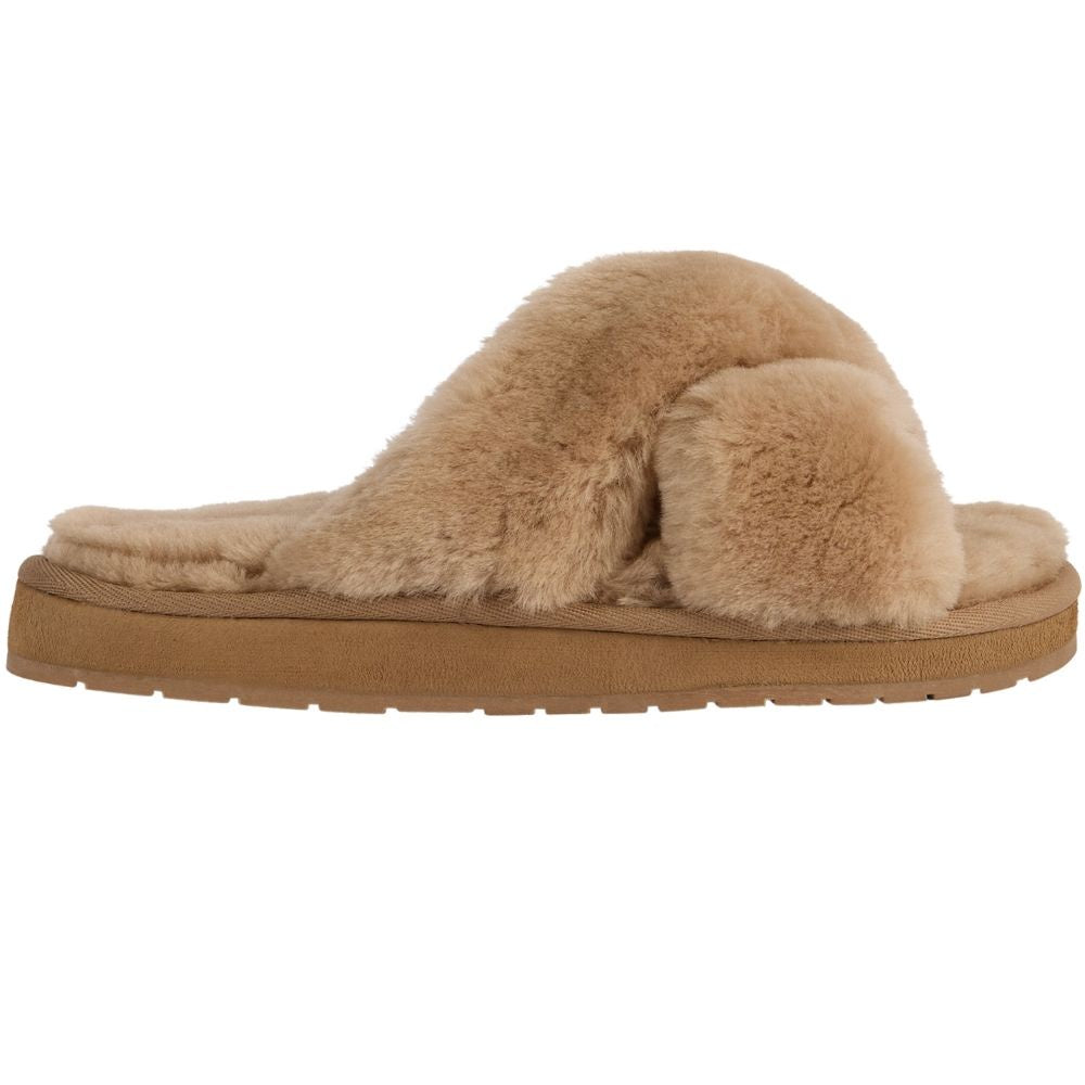 A single sheepskin slide slipper with a thick brown sole, shown from a side profile view against a solid white background.