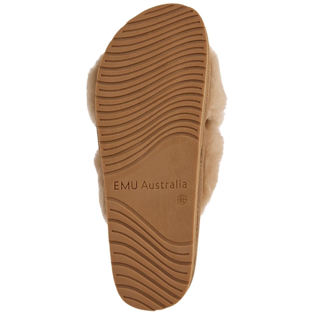 The bottom outsole of a tan slipper, featuring the embossed brand name 'EMU Australia'.