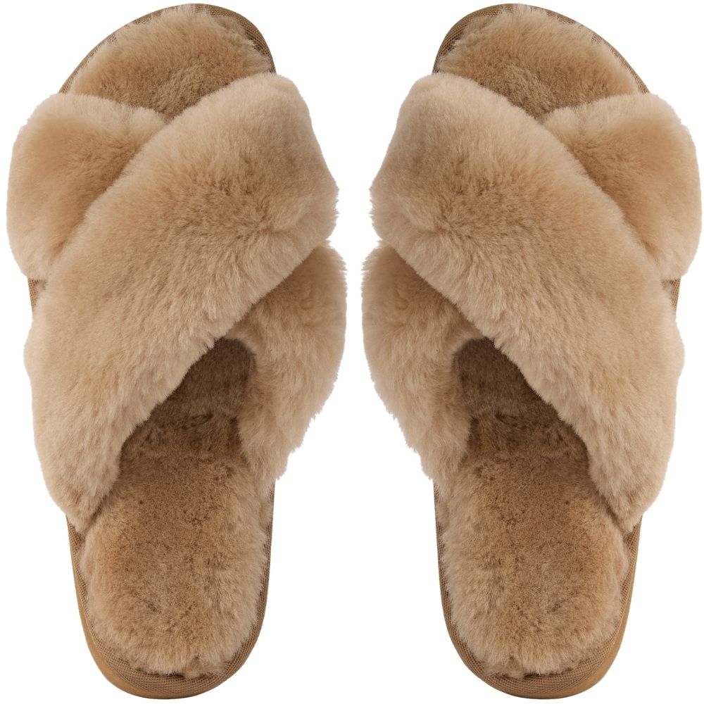 A pair of plush, sheepskin slippers in a warm camel color, shown from a top-down view on a plain white background.