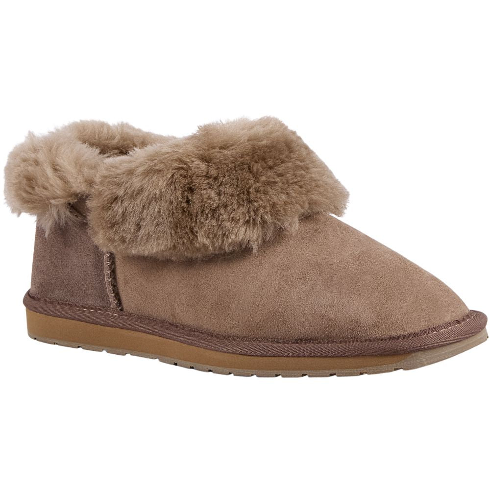 Brown suede slipper with wool fur trim on a white background