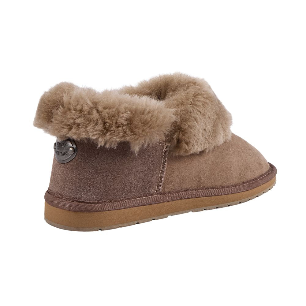 Brown slipper with wool fur trim on a white background