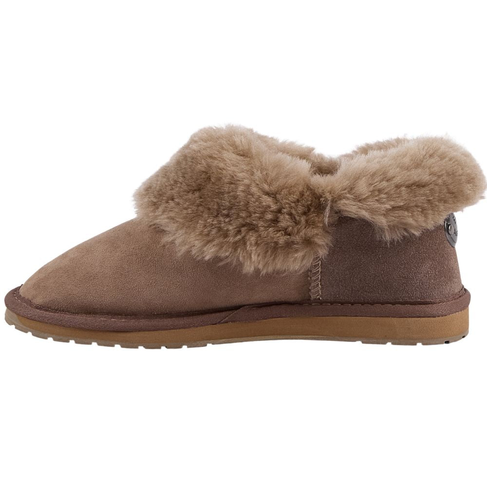 Brown suede slipper with wool fur trim on a white background