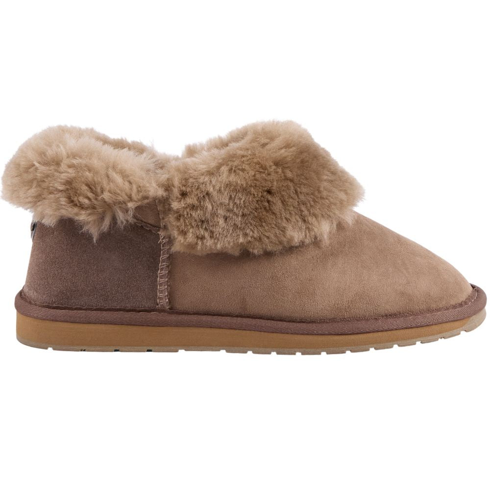 Brown suede slipper with wool fur trim on a white background