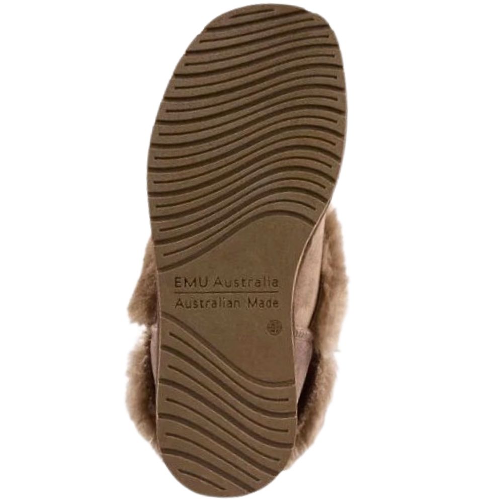 Brown shoe sole with 'EMU Australia' branding on a white background
