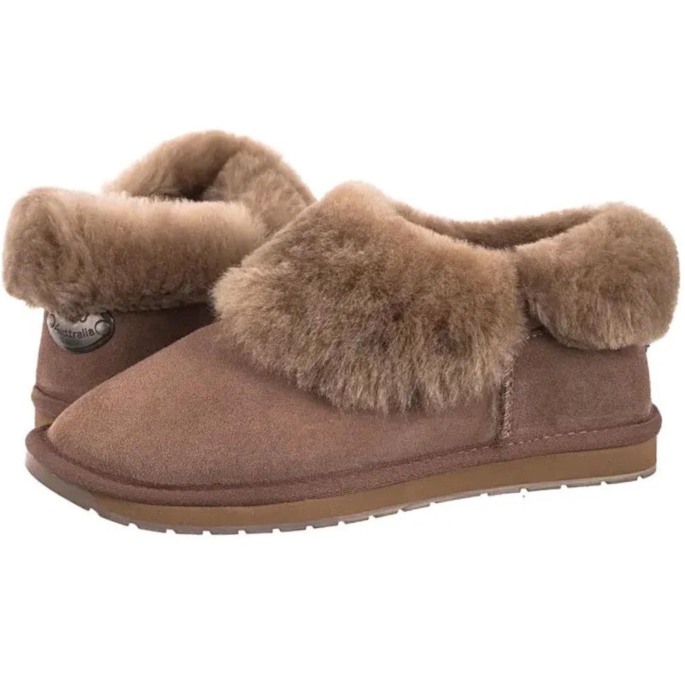 Brown slippers with wool fur trim on a white background
