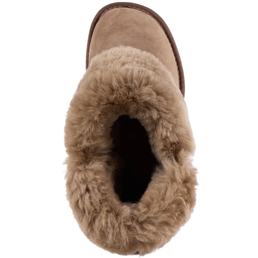 Brown suede slipper with fluffy wool interior on a white background
