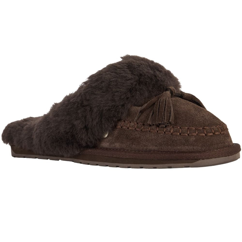 A single dark brown slip-on mule suede slipper with a plush sheepskin lining and a braided tassel detail on the top, shown against a plain white background.