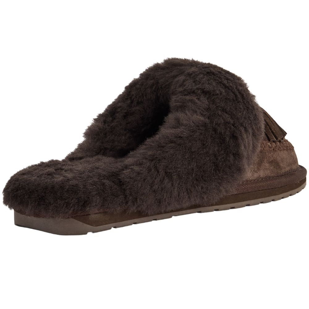The back view of a single dark brown slip-on mule suede slipper with a plush sheepskin lining, shown against a plain white background.