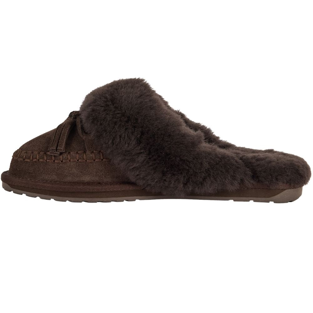 A single dark brown slip-on mule suede slipper with a plush sheepskin lining and a braided tassel detail on the side, shown against a plain white background.