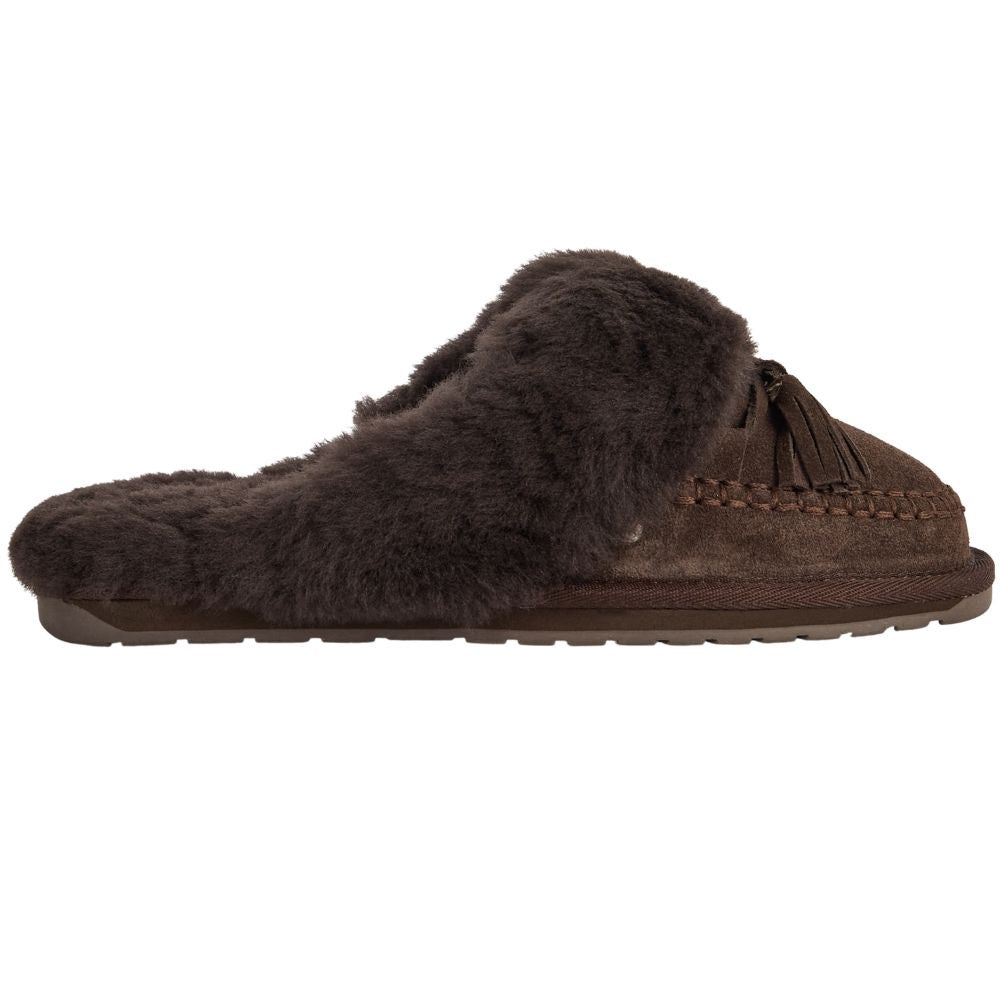 A single dark brown slip-on mule suede slipper with a plush sheepskin lining and a braided tassel detail on the top, shown against a plain white background.