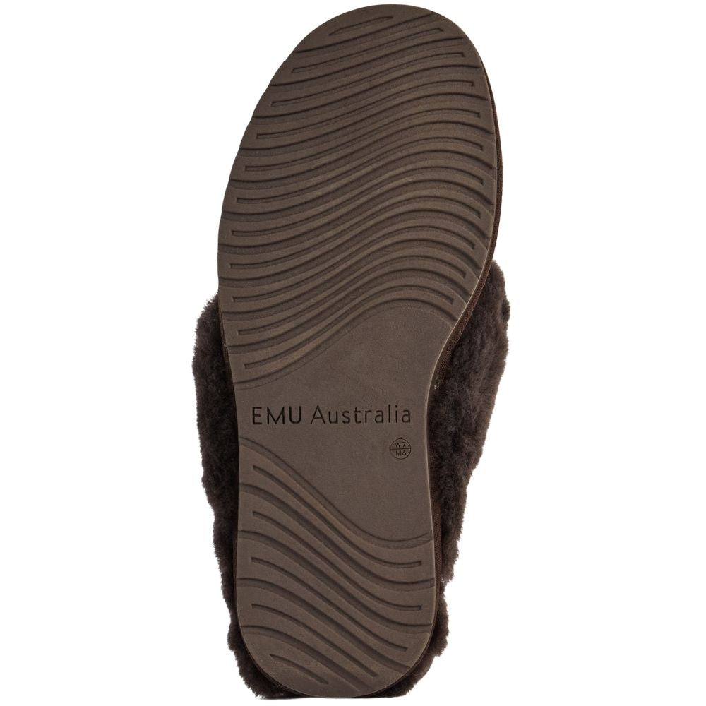 A top-down view of a dark rubber outsole with good tread, shown against a white background.