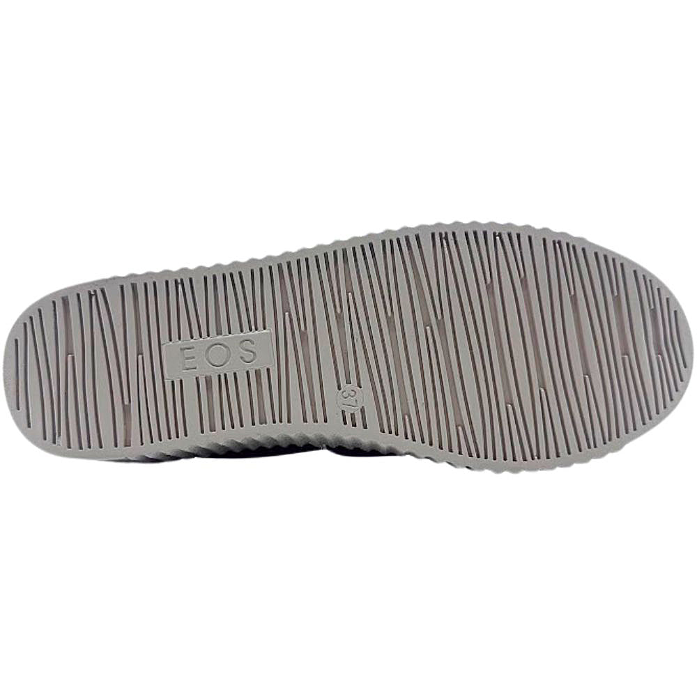 Grey sole of a shoe with 'EOS' branding on a white background