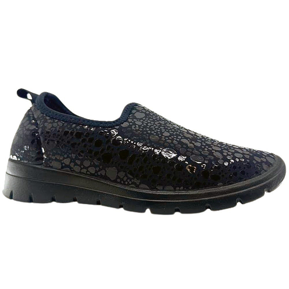 Black slip-on shoe with a textured pattern on a white background