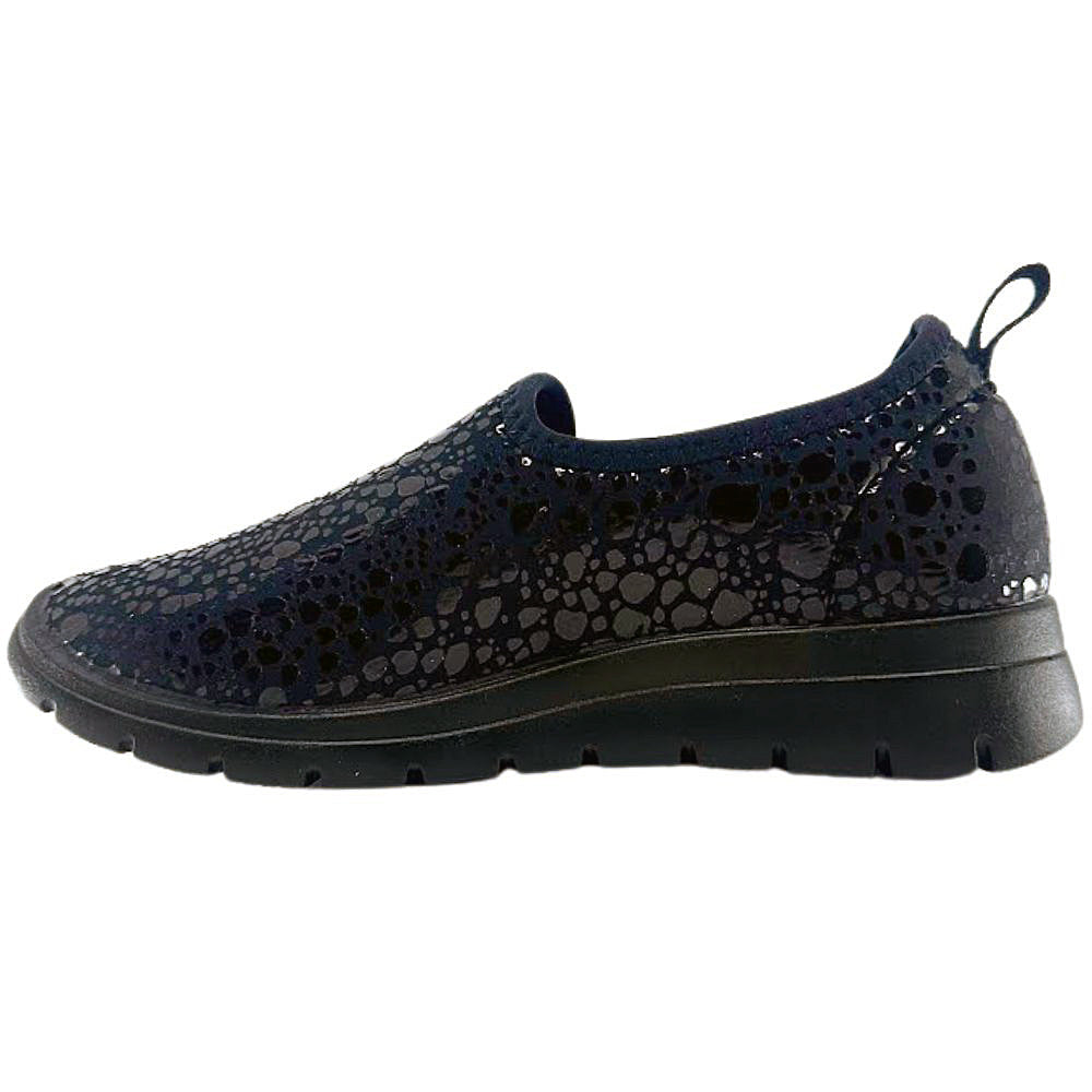 Black slip-on shoe with a textured pattern on a white background