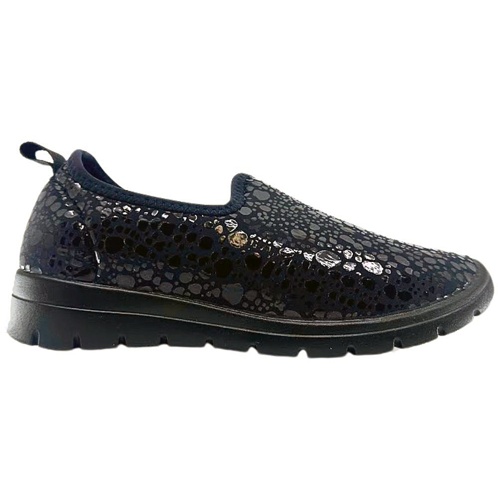 Black slip-on shoe with a textured pattern on a white background