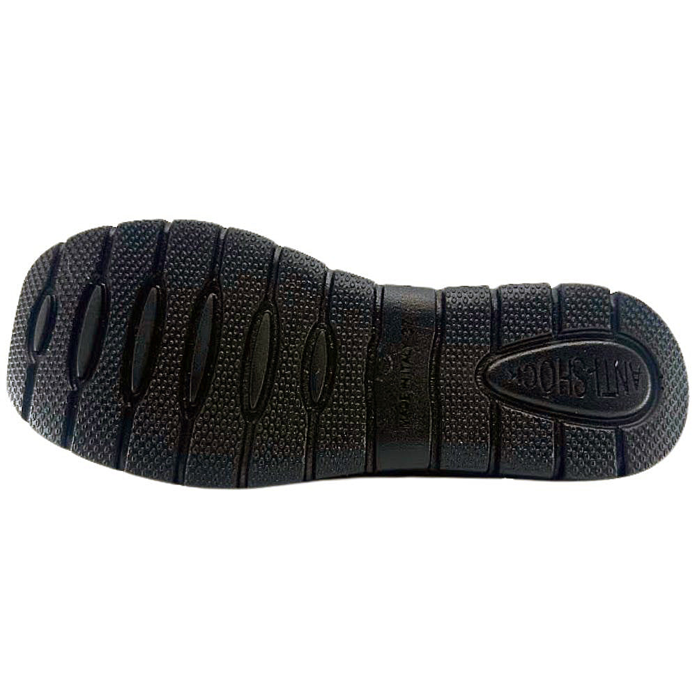 Black shoe sole with tread pattern on a white background