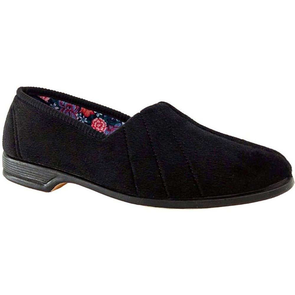 Black slip-on slipper with floral pattern on a white background