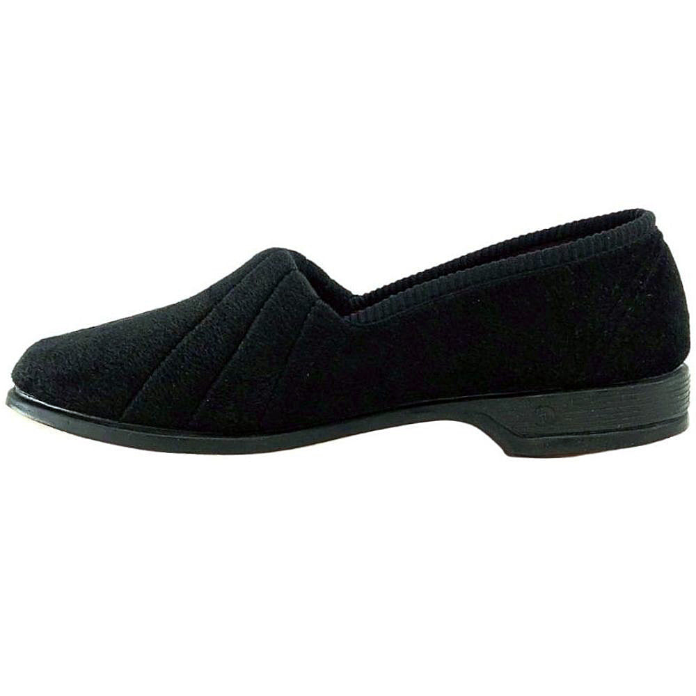 Black slip-on slipper shoe on a white background